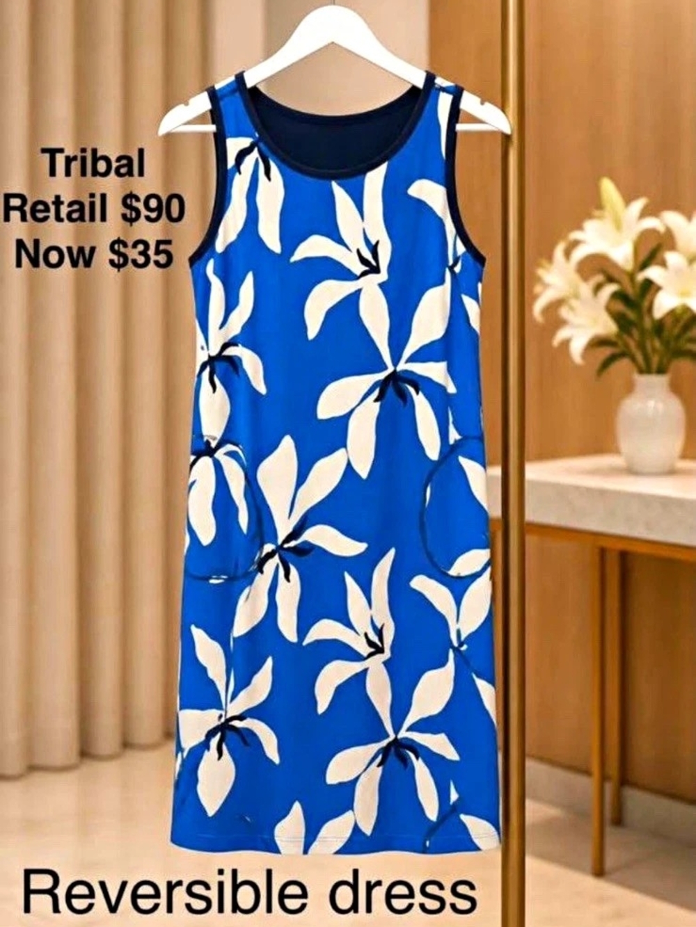 Tribal Blue/White Floral Reversible Sleeveless Round Neck Shift Dress Size S
